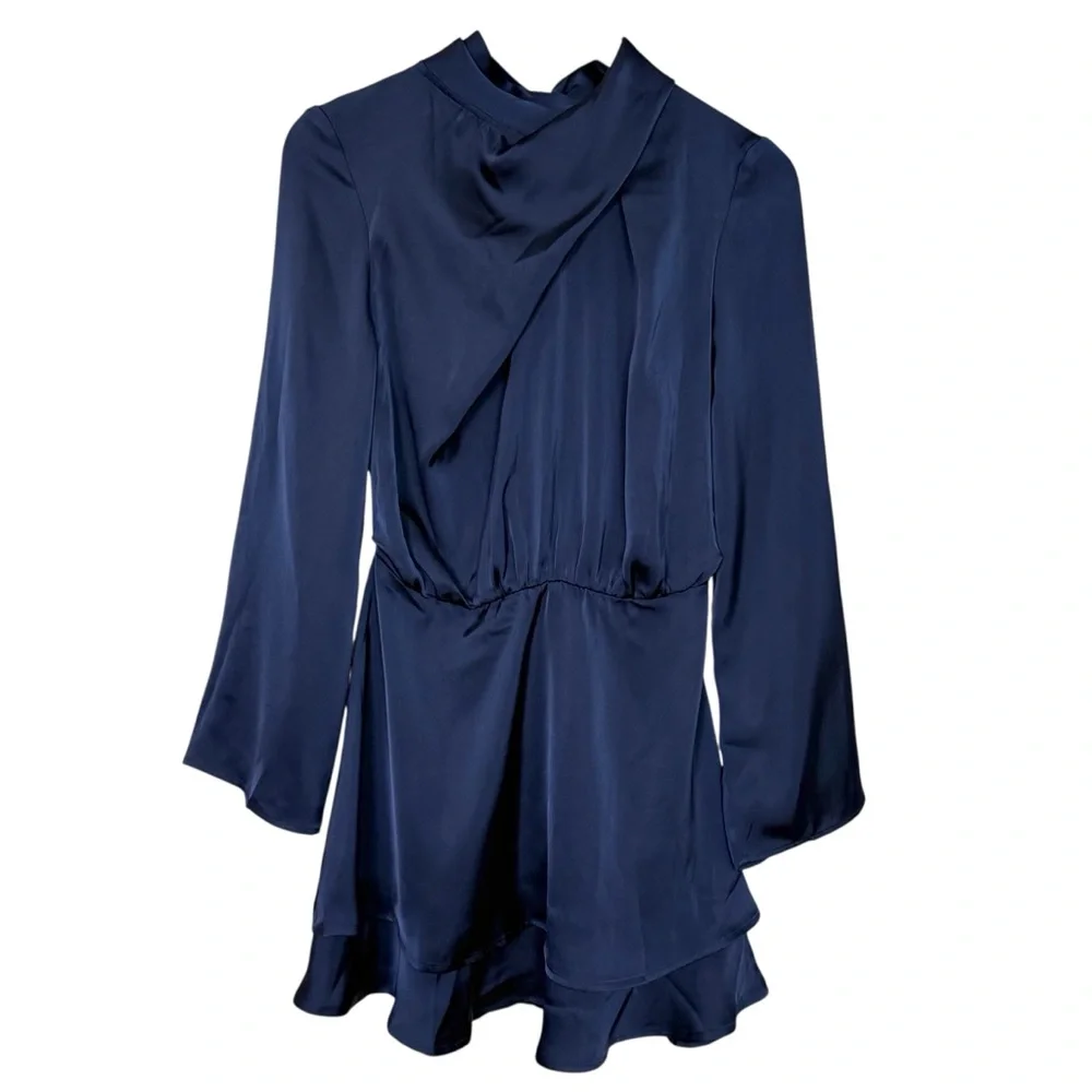 Commense Navy Satin Cross Neck Tiered Mini Dress  Cocktail Party Medium NWT - Picture 2 of 9